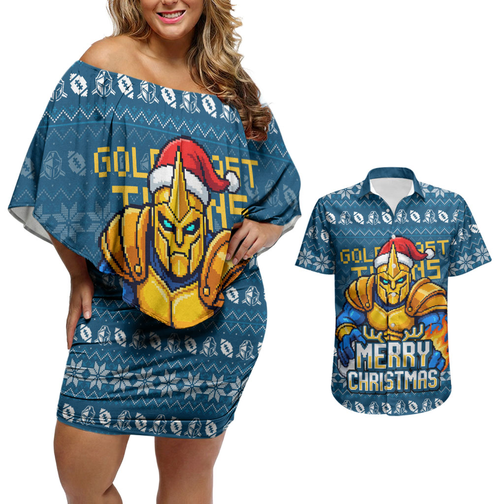 Personalized Gold Coast Titans Christmas Couples Matching Off Shoulder Short Dress and Hawaiian Shirt Australian Rugby Fans - Pixelated Ugly Xmas Pattern Mascot Santa