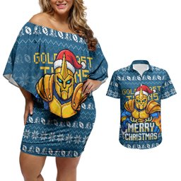Personalized Gold Coast Titans Christmas Couples Matching Off Shoulder Short Dress and Hawaiian Shirt Australian Rugby Fans - Pixelated Ugly Xmas Pattern Mascot Santa