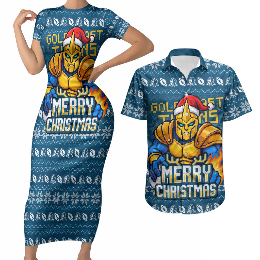 Personalized Gold Coast Titans Christmas Couples Matching Short Sleeve Bodycon Dress and Hawaiian Shirt Australian Rugby Fans - Pixelated Ugly Xmas Pattern Mascot Santa