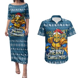 Personalized Gold Coast Titans Christmas Couples Matching Puletasi and Hawaiian Shirt Australian Rugby Fans - Pixelated Ugly Xmas Pattern Mascot Santa