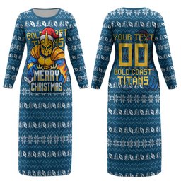 Personalized Gold Coast Titans Christmas Couples Matching Long Sleeve Bodycon Dress and Hawaiian Shirt Australian Rugby Fans - Pixelated Ugly Xmas Pattern Mascot Santa