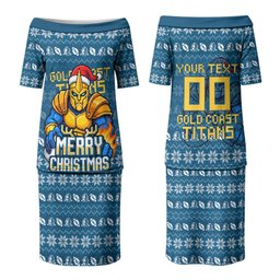 Personalized Gold Coast Titans Christmas Couples Matching Puletasi and Hawaiian Shirt Australian Rugby Fans - Pixelated Ugly Xmas Pattern Mascot Santa