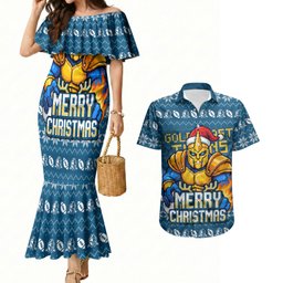 Personalized Gold Coast Titans Christmas Couples Matching Mermaid Dress and Hawaiian Shirt Australian Rugby Fans - Pixelated Ugly Xmas Pattern Mascot Santa
