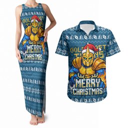 Personalized Gold Coast Titans Christmas Couples Matching Tank Maxi Dress and Hawaiian Shirt Australian Rugby Fans - Pixelated Ugly Xmas Pattern Mascot Santa