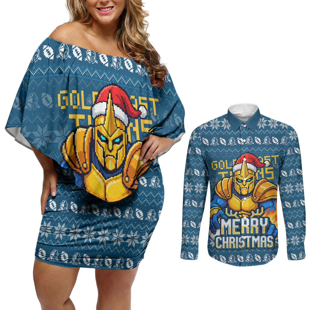 Personalized Gold Coast Titans Christmas Couples Matching Off Shoulder Short Dress and Long Sleeve Button Shirt Australian Rugby Fans - Pixelated Ugly Xmas Pattern Mascot Santa