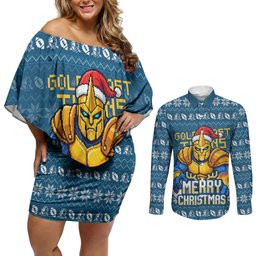 Personalized Gold Coast Titans Christmas Couples Matching Off Shoulder Short Dress and Long Sleeve Button Shirt Australian Rugby Fans - Pixelated Ugly Xmas Pattern Mascot Santa