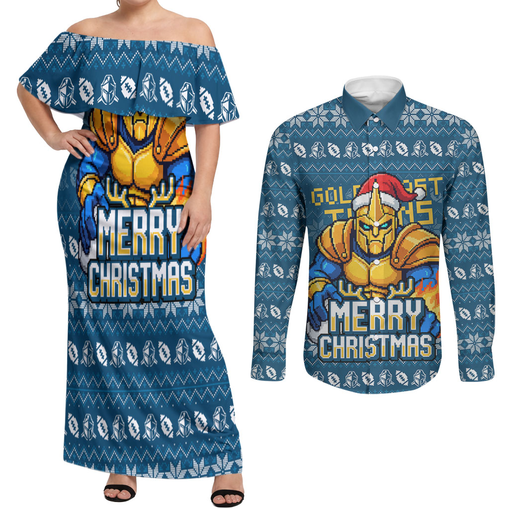 Personalized Gold Coast Titans Christmas Couples Matching Off Shoulder Maxi Dress and Long Sleeve Button Shirt Australian Rugby Fans - Pixelated Ugly Xmas Pattern Mascot Santa