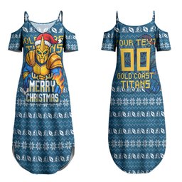 Personalized Gold Coast Titans Christmas Couples Matching Summer Maxi Dress and Hawaiian Shirt Australian Rugby Fans - Pixelated Ugly Xmas Pattern Mascot Santa