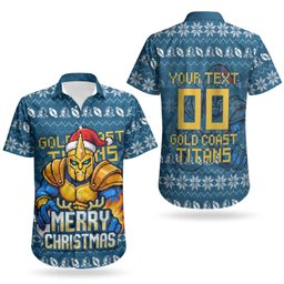 Personalized Gold Coast Titans Christmas Couples Matching Tank Maxi Dress and Hawaiian Shirt Australian Rugby Fans - Pixelated Ugly Xmas Pattern Mascot Santa