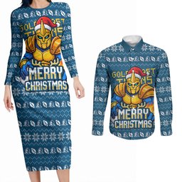 Personalized Gold Coast Titans Christmas Couples Matching Long Sleeve Bodycon Dress and Long Sleeve Button Shirt Australian Rugby Fans - Pixelated Ugly Xmas Pattern Mascot Santa