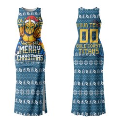 Personalized Gold Coast Titans Christmas Couples Matching Tank Maxi Dress and Hawaiian Shirt Australian Rugby Fans - Pixelated Ugly Xmas Pattern Mascot Santa