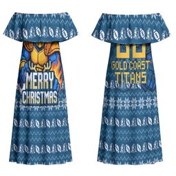 Personalized Gold Coast Titans Christmas Couples Matching Off Shoulder Maxi Dress and Long Sleeve Button Shirt Australian Rugby Fans - Pixelated Ugly Xmas Pattern Mascot Santa