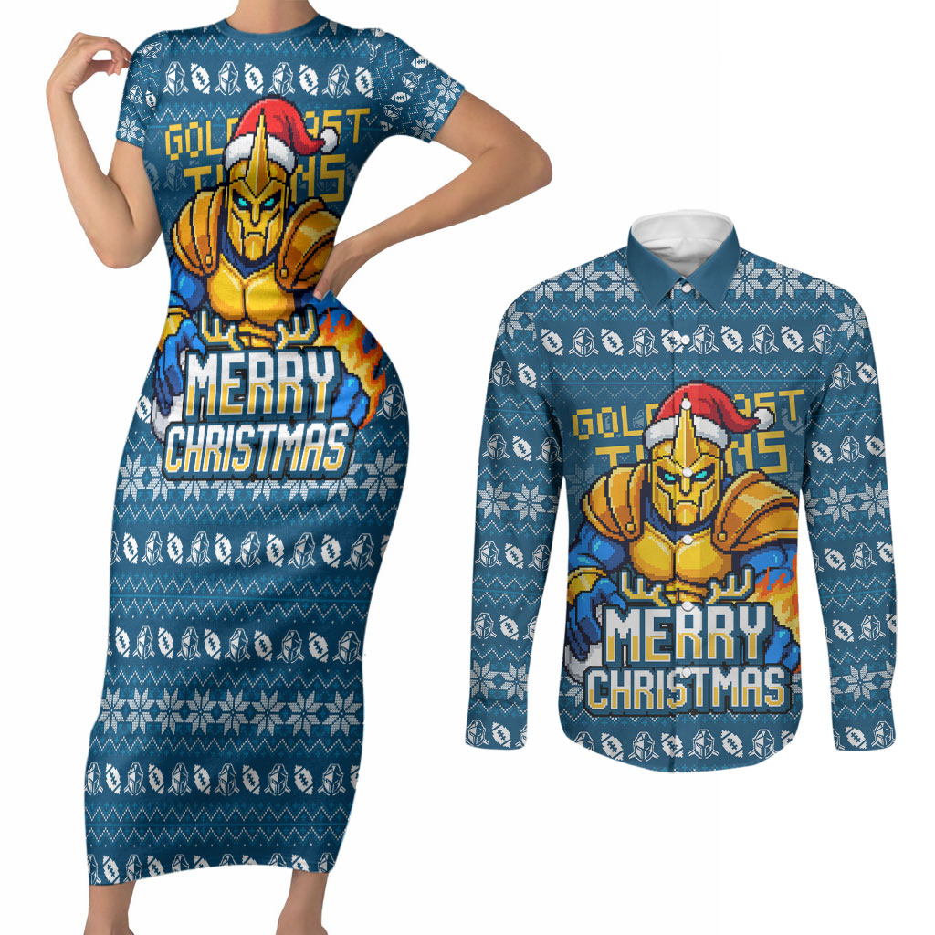 Personalized Gold Coast Titans Christmas Couples Matching Short Sleeve Bodycon Dress and Long Sleeve Button Shirt Australian Rugby Fans - Pixelated Ugly Xmas Pattern Mascot Santa