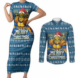 Personalized Gold Coast Titans Christmas Couples Matching Short Sleeve Bodycon Dress and Long Sleeve Button Shirt Australian Rugby Fans - Pixelated Ugly Xmas Pattern Mascot Santa