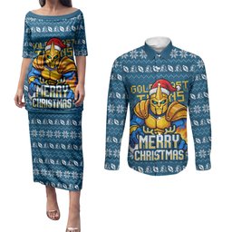 Personalized Gold Coast Titans Christmas Couples Matching Puletasi and Long Sleeve Button Shirt Australian Rugby Fans - Pixelated Ugly Xmas Pattern Mascot Santa