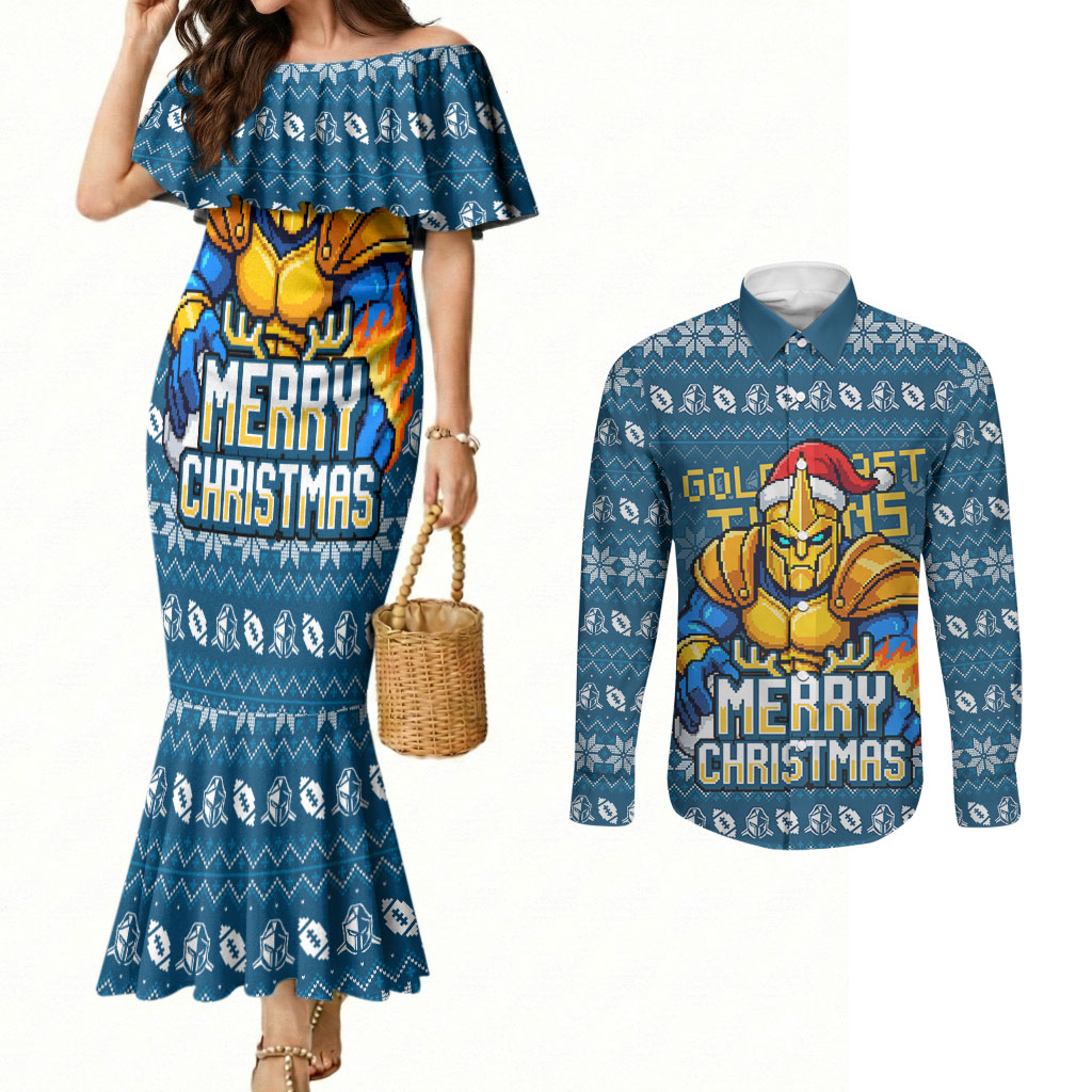 Personalized Gold Coast Titans Christmas Couples Matching Mermaid Dress and Long Sleeve Button Shirt Australian Rugby Fans - Pixelated Ugly Xmas Pattern Mascot Santa