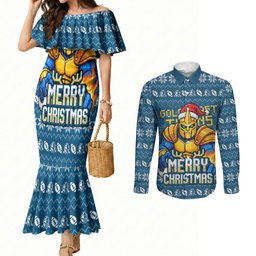 Personalized Gold Coast Titans Christmas Couples Matching Mermaid Dress and Long Sleeve Button Shirt Australian Rugby Fans - Pixelated Ugly Xmas Pattern Mascot Santa