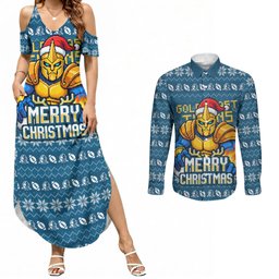 Personalized Gold Coast Titans Christmas Couples Matching Summer Maxi Dress and Long Sleeve Button Shirt Australian Rugby Fans - Pixelated Ugly Xmas Pattern Mascot Santa