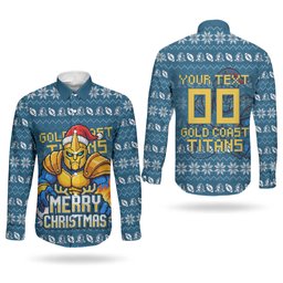 Personalized Gold Coast Titans Christmas Couples Matching Summer Maxi Dress and Long Sleeve Button Shirt Australian Rugby Fans - Pixelated Ugly Xmas Pattern Mascot Santa