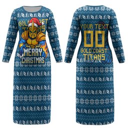 Personalized Gold Coast Titans Christmas Couples Matching Long Sleeve Bodycon Dress and Long Sleeve Button Shirt Australian Rugby Fans - Pixelated Ugly Xmas Pattern Mascot Santa