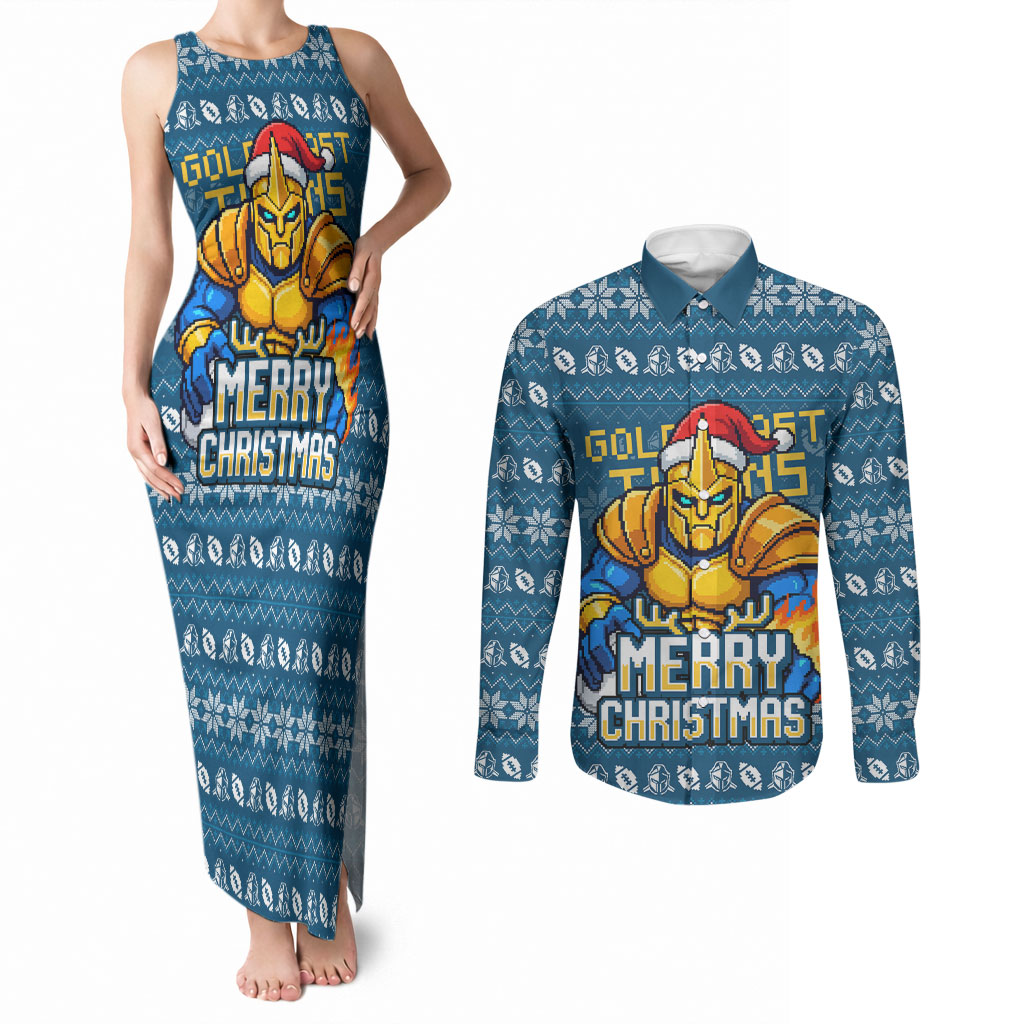 Personalized Gold Coast Titans Christmas Couples Matching Tank Maxi Dress and Long Sleeve Button Shirt Australian Rugby Fans - Pixelated Ugly Xmas Pattern Mascot Santa