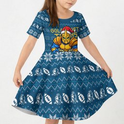 Personalized Gold Coast Titans Christmas Kid Short Sleeve Dress Australian Rugby Fans - Pixelated Ugly Xmas Pattern Mascot Santa