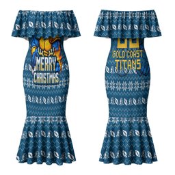 Personalized Gold Coast Titans Christmas Couples Matching Mermaid Dress and Long Sleeve Button Shirt Australian Rugby Fans - Pixelated Ugly Xmas Pattern Mascot Santa
