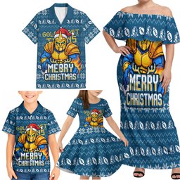 Personalized Gold Coast Titans Christmas Family Matching Off Shoulder Maxi Dress and Hawaiian Shirt Australian Rugby Fans - Pixelated Ugly Xmas Pattern Mascot Santa