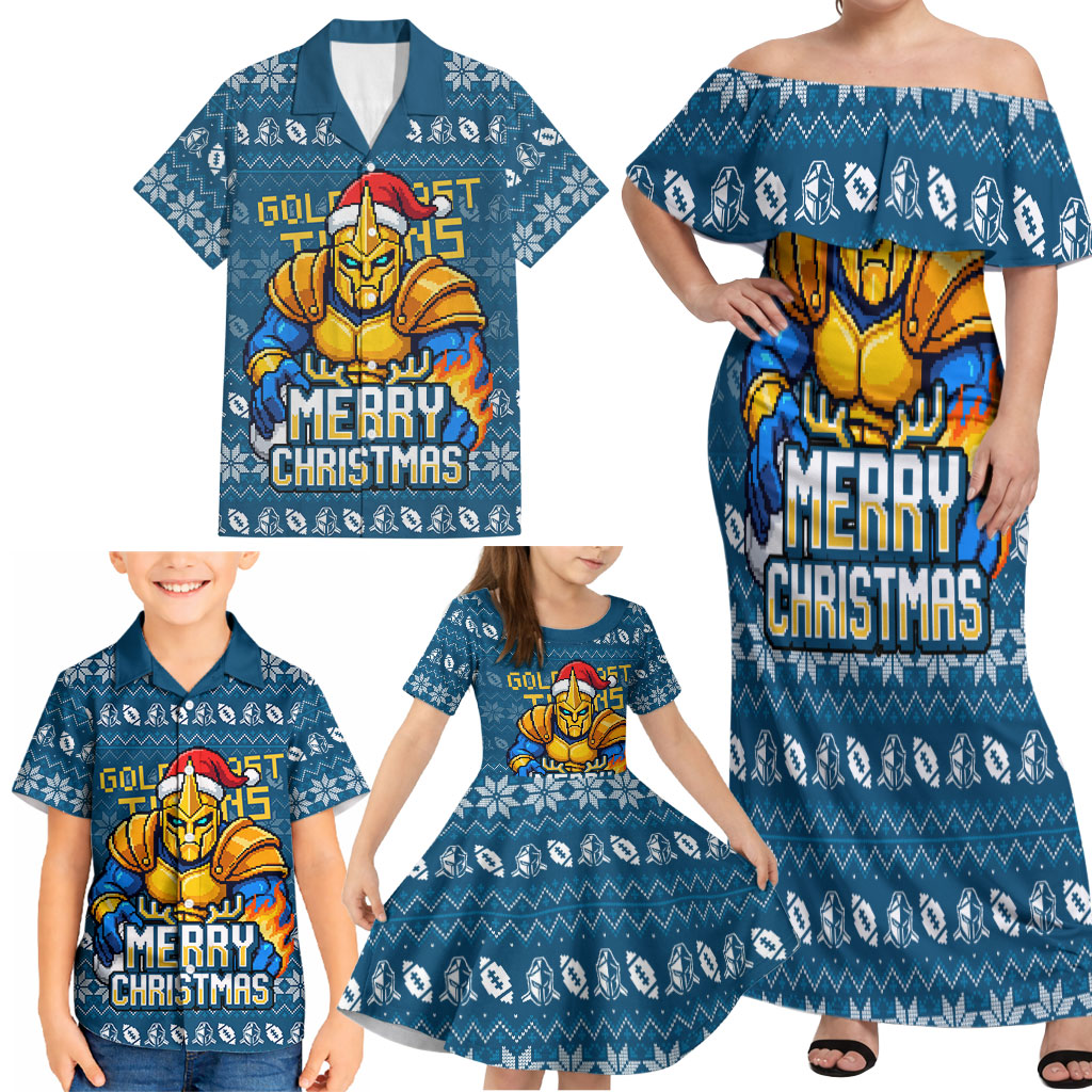 Personalized Gold Coast Titans Christmas Family Matching Off Shoulder Maxi Dress and Hawaiian Shirt Australian Rugby Fans - Pixelated Ugly Xmas Pattern Mascot Santa