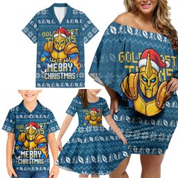 Personalized Gold Coast Titans Christmas Family Matching Off Shoulder Short Dress and Hawaiian Shirt Australian Rugby Fans - Pixelated Ugly Xmas Pattern Mascot Santa