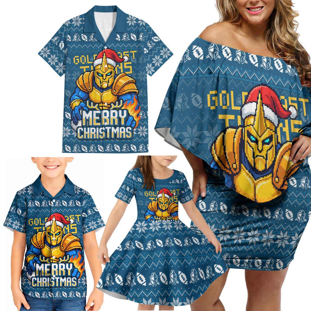 Personalized Gold Coast Titans Christmas Family Matching Off Shoulder Short Dress and Hawaiian Shirt Australian Rugby Fans - Pixelated Ugly Xmas Pattern Mascot Santa