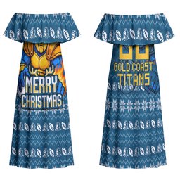 Personalized Gold Coast Titans Christmas Family Matching Off Shoulder Maxi Dress and Hawaiian Shirt Australian Rugby Fans - Pixelated Ugly Xmas Pattern Mascot Santa