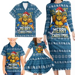 Personalized Gold Coast Titans Christmas Family Matching Long Sleeve Bodycon Dress and Hawaiian Shirt Australian Rugby Fans - Pixelated Ugly Xmas Pattern Mascot Santa