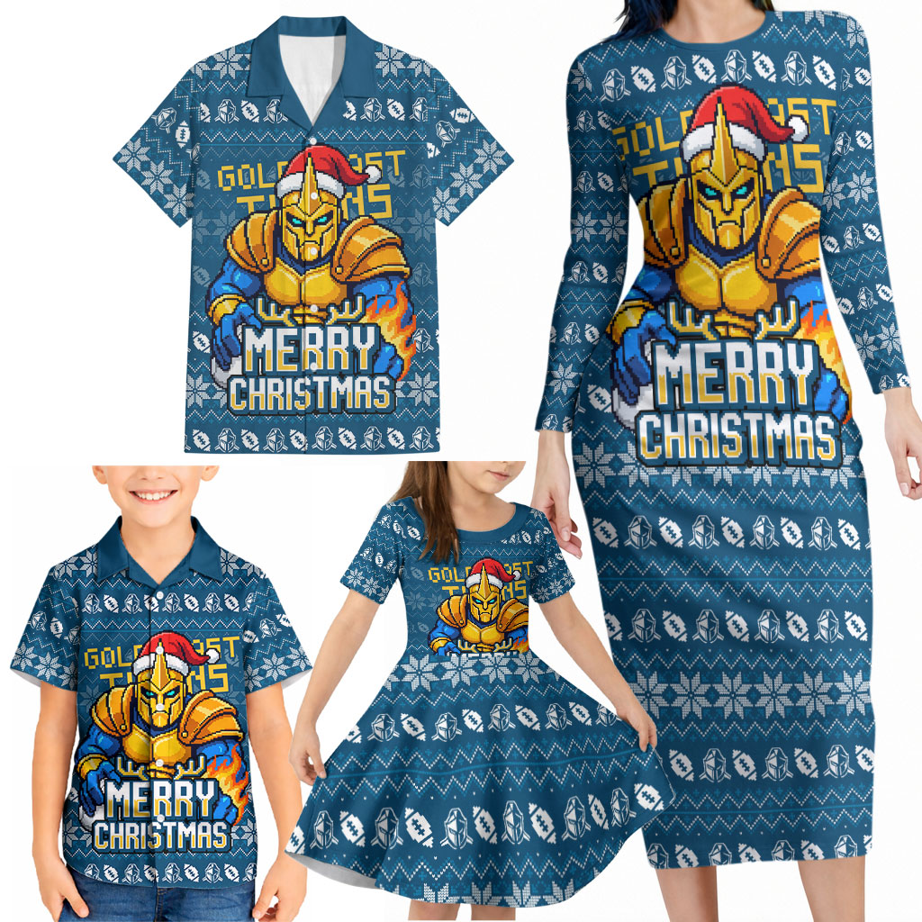 Personalized Gold Coast Titans Christmas Family Matching Long Sleeve Bodycon Dress and Hawaiian Shirt Australian Rugby Fans - Pixelated Ugly Xmas Pattern Mascot Santa