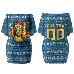 Personalized Gold Coast Titans Christmas Family Matching Off Shoulder Short Dress and Hawaiian Shirt Australian Rugby Fans - Pixelated Ugly Xmas Pattern Mascot Santa