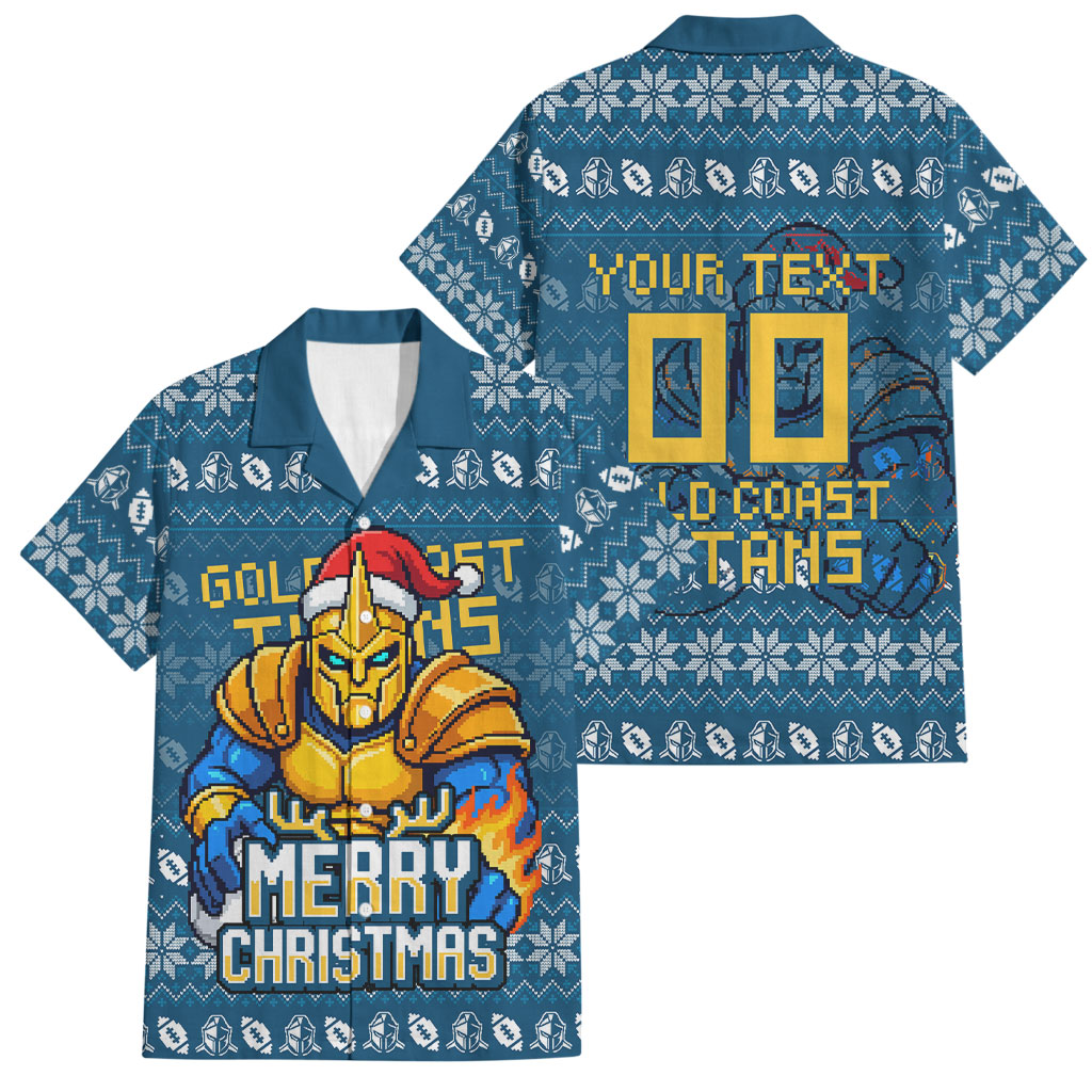 Personalized Gold Coast Titans Christmas Family Matching Off Shoulder Short Dress and Hawaiian Shirt Australian Rugby Fans - Pixelated Ugly Xmas Pattern Mascot Santa