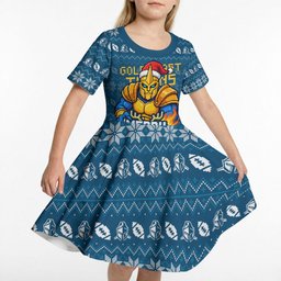 Personalized Gold Coast Titans Christmas Kid Short Sleeve Dress Australian Rugby Fans - Pixelated Ugly Xmas Pattern Mascot Santa