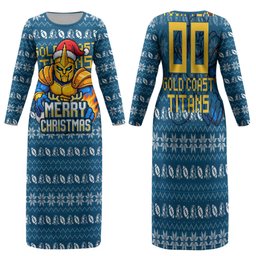 Personalized Gold Coast Titans Christmas Family Matching Long Sleeve Bodycon Dress and Hawaiian Shirt Australian Rugby Fans - Pixelated Ugly Xmas Pattern Mascot Santa