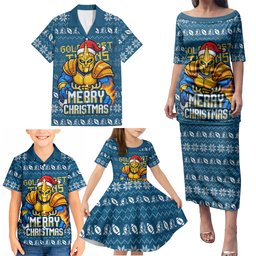 Personalized Gold Coast Titans Christmas Family Matching Puletasi and Hawaiian Shirt Australian Rugby Fans - Pixelated Ugly Xmas Pattern Mascot Santa