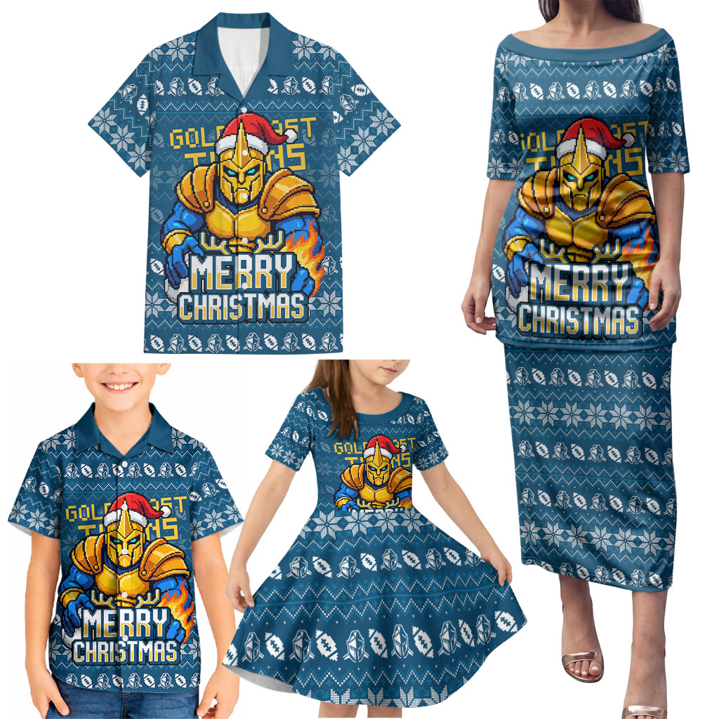 Personalized Gold Coast Titans Christmas Family Matching Puletasi and Hawaiian Shirt Australian Rugby Fans - Pixelated Ugly Xmas Pattern Mascot Santa