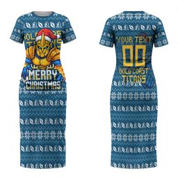 Personalized Gold Coast Titans Christmas Family Matching Short Sleeve Bodycon Dress and Hawaiian Shirt Australian Rugby Fans - Pixelated Ugly Xmas Pattern Mascot Santa