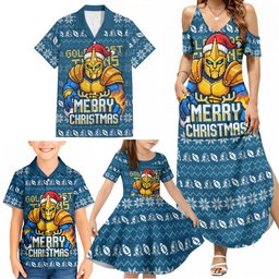 Personalized Gold Coast Titans Christmas Family Matching Summer Maxi Dress and Hawaiian Shirt Australian Rugby Fans - Pixelated Ugly Xmas Pattern Mascot Santa