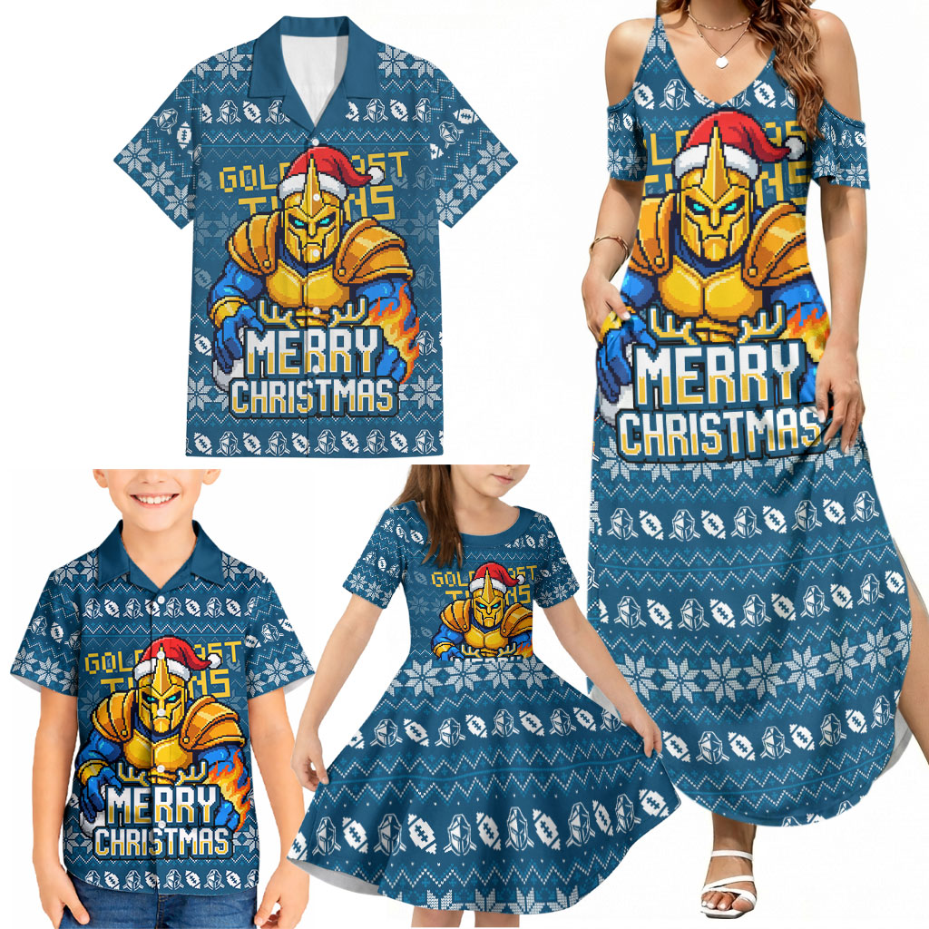 Personalized Gold Coast Titans Christmas Family Matching Summer Maxi Dress and Hawaiian Shirt Australian Rugby Fans - Pixelated Ugly Xmas Pattern Mascot Santa
