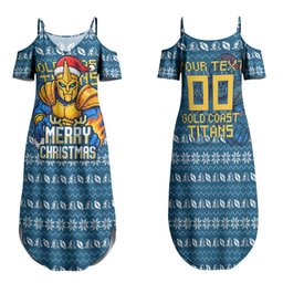 Personalized Gold Coast Titans Christmas Family Matching Summer Maxi Dress and Hawaiian Shirt Australian Rugby Fans - Pixelated Ugly Xmas Pattern Mascot Santa