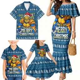 Personalized Gold Coast Titans Christmas Family Matching Mermaid Dress and Hawaiian Shirt Australian Rugby Fans - Pixelated Ugly Xmas Pattern Mascot Santa