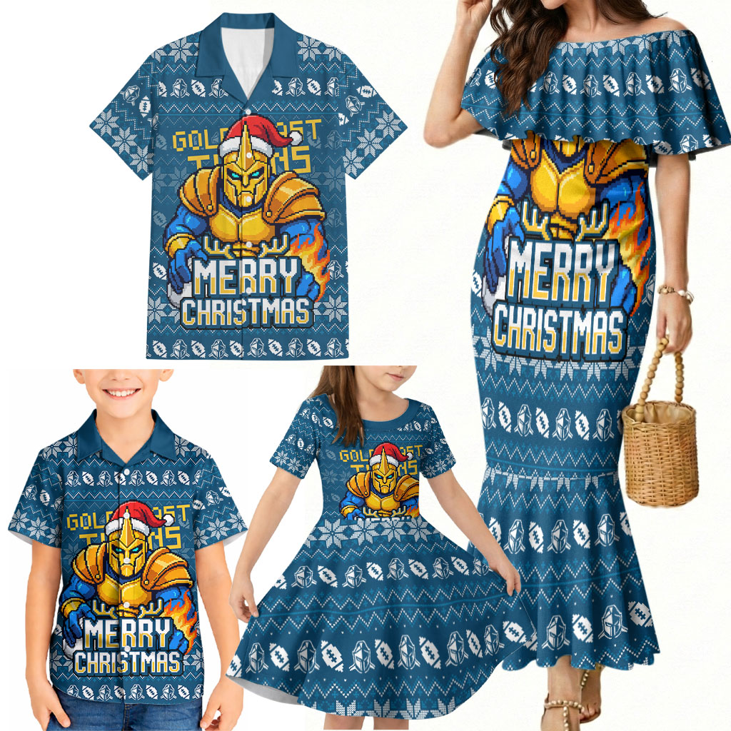 Personalized Gold Coast Titans Christmas Family Matching Mermaid Dress and Hawaiian Shirt Australian Rugby Fans - Pixelated Ugly Xmas Pattern Mascot Santa