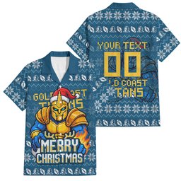 Personalized Gold Coast Titans Christmas Family Matching Summer Maxi Dress and Hawaiian Shirt Australian Rugby Fans - Pixelated Ugly Xmas Pattern Mascot Santa