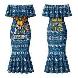 Personalized Gold Coast Titans Christmas Family Matching Mermaid Dress and Hawaiian Shirt Australian Rugby Fans - Pixelated Ugly Xmas Pattern Mascot Santa