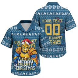 Personalized Gold Coast Titans Christmas Family Matching Short Sleeve Bodycon Dress and Hawaiian Shirt Australian Rugby Fans - Pixelated Ugly Xmas Pattern Mascot Santa