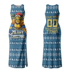 Personalized Gold Coast Titans Christmas Family Matching Tank Maxi Dress and Hawaiian Shirt Australian Rugby Fans - Pixelated Ugly Xmas Pattern Mascot Santa